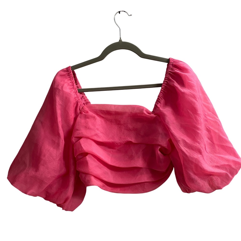 A New Day Pink Puff Sleeve Pleated Smocked Back Crop Top Womens Medium